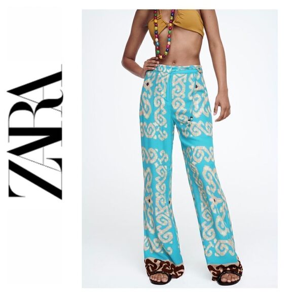 NWT Zara High Waisted Straight Leg Flexible Full Length Printed Trousers, XS - Picture 1 of 15